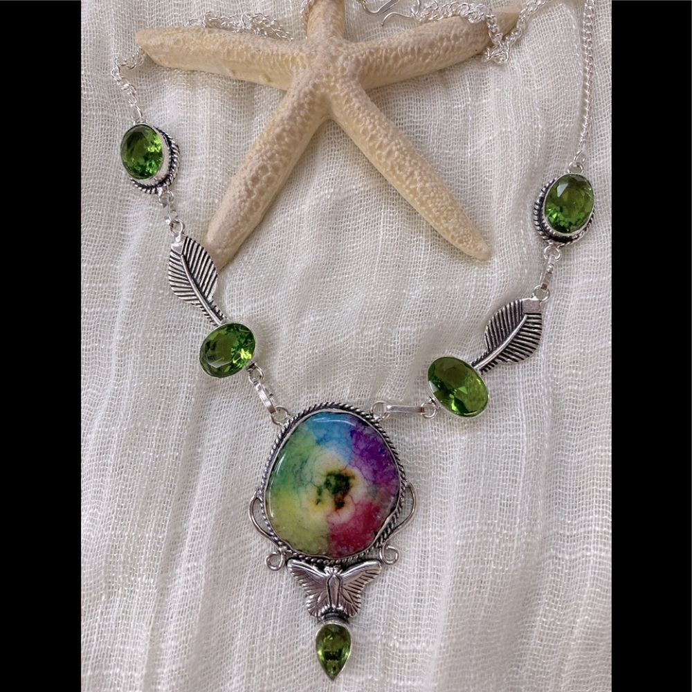 NEW Rainbow Solar Quartz Peridot 925S Necklace